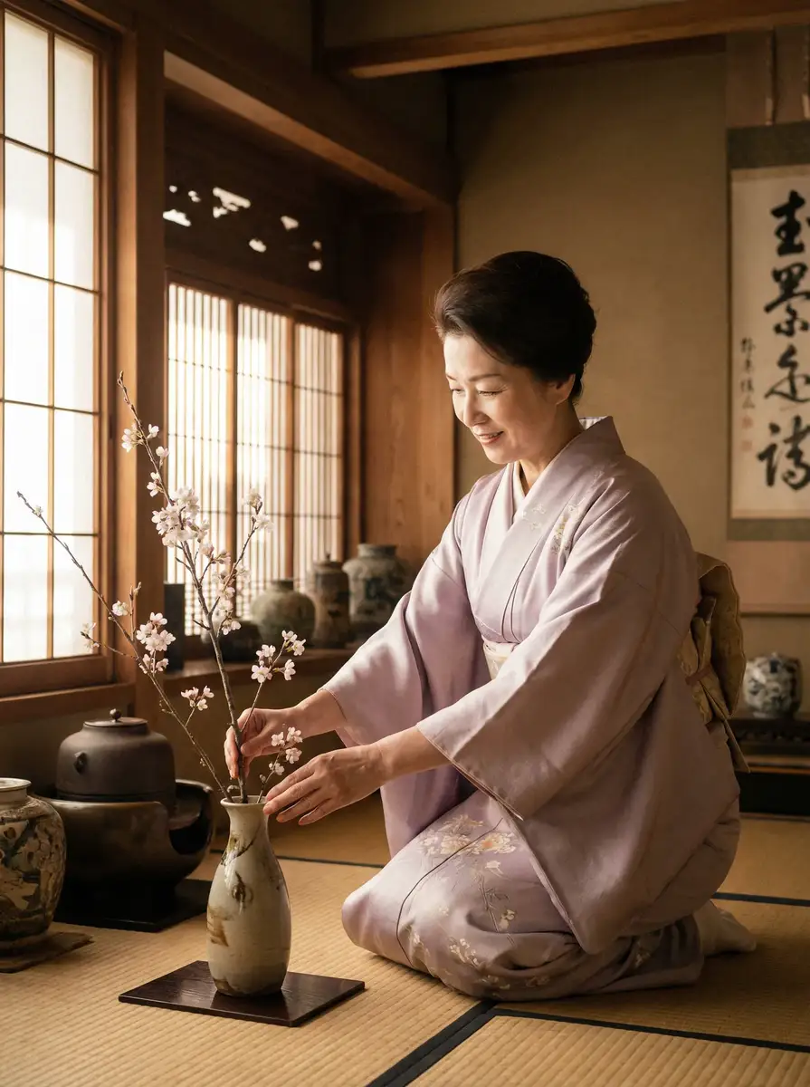 一位优雅的 澳门金沙平台 在和室中插花